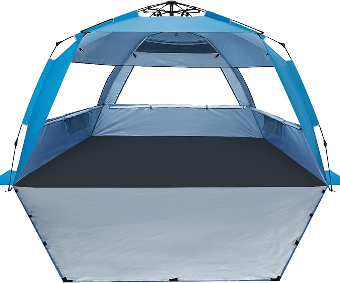 WhiteFang Deluxe Pop Up Beach Tent Sun Shade Shelter for 3-4/5-6 Person, UV Protection, Extendable Floor with 3 Ventilating Windows Plus Carrying Bag, Stakes, and Guy Lines