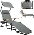 Folding Outdoor Chaise Lounge Chair with 360°Shade, 4 Position Portable Sun Tanning Chair with Headrest, Foldable Beach Lounge Chair with Cup Holders & Wooden Armrests for Patio Pool Lawn (Grey-B)