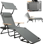 Folding Outdoor Chaise Lounge Chair with 360°Shade, 4 Position Portable Sun Tanning Chair with Headrest, Foldable Beach Lounge Chair with Cup Holders & Wooden Armrests for Patio Pool Lawn (Grey-B)