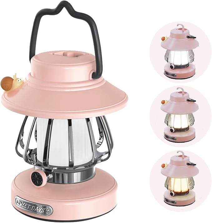 Kids Lantern with 3 Color Light & USB-C Rechargeable, Dimmable Camping Night Light for Children, Safe & Durable ABS Plastic Toddler Flashlight for Bedroom, Tent, Emergency (Pink)