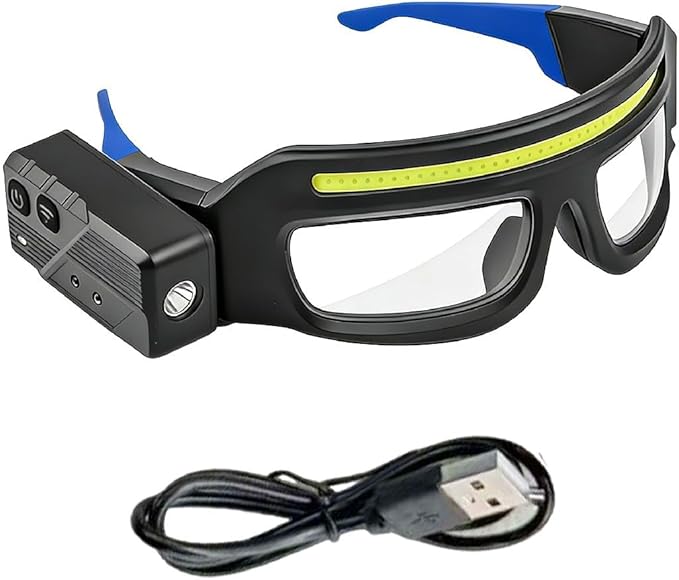 LED Safety Glasses with Lights - Rechargeable Headlight Glasses with Motion Sensor & Touch Control, 5-Mode Headlamp for Running, Camping, Fishing, Cycling, Hiking (Blue)