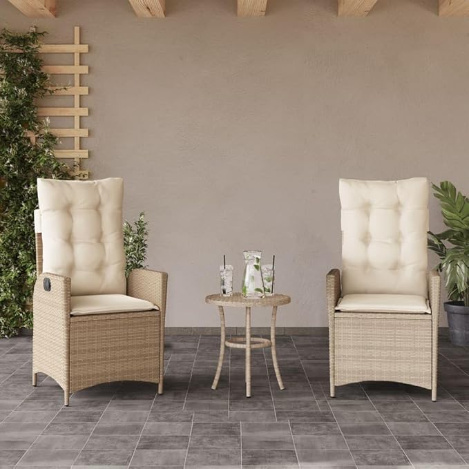 Reclining Patio Chairs 2 pcs with Cushions Beige Poly Rattan Porch Chairs Camping Chairs Patio Chairs Living Room Chairs for Dining Patio Bedroom Outdoor