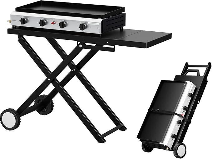 Bonnlo Foldable Flat Top Grill with 4 Burner, Powerful 40,000 BTU Propane Gas Grills with Ignition, Enamel Griddle, Side Shelf & Portable Cart with Wheels for Outdoor Camping Hibachi Grill Use