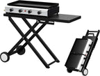 Bonnlo Foldable Flat Top Grill with 4 Burner, Powerful 40,000 BTU Propane Gas Grills with Ignition, Enamel Griddle, Side Shelf & Portable Cart with Wheels for Outdoor Camping Hibachi Grill Use