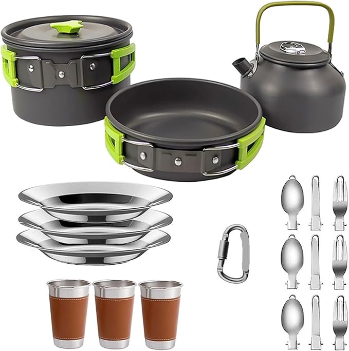 Compatible for Camping Cooking Set Cookware Travel Tableware Outdoor Picnic Teapot for 2-3 Peaple Non-Stick Pots Assorted Sets