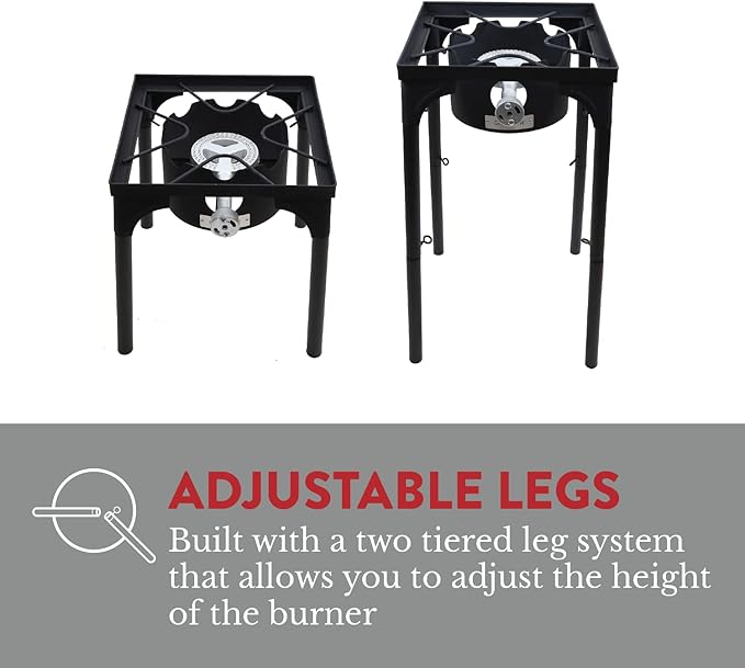 GasOne Propane Single Burner Camp Stove with High Temp Paint & Red QCC Steel Braided Regulator with Height Adjustable Leg