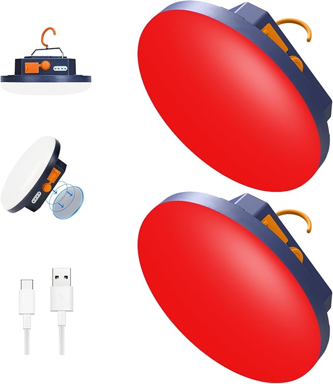 2pcs 10000mAh Rechargeable 3000LM Tent Light Camping Light, 6500K 24Hours Long Play Time , Outdoor Night Market Light Night Fishing Light Emergency Lights for Hurricane Tsunami disasters (Red)