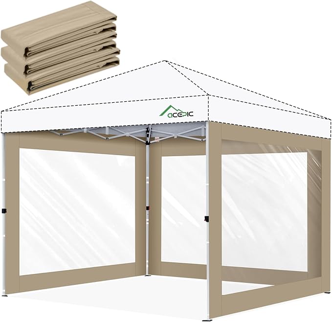 Clear Canopy Sidewalls for 10x10 Pop Up Tent, Transparent Window Curtain Cloth, 8 Mil PVC Enclosure Fabric with Zipper, Khaki(3Pack Sidewalls Only, Not Included Frame&Top)