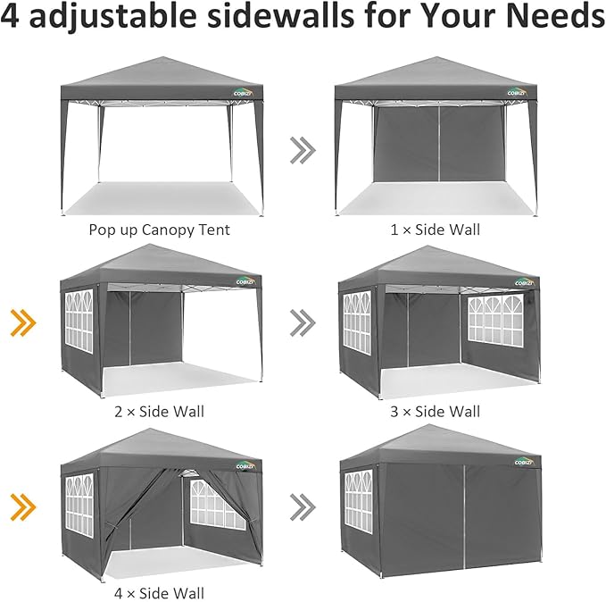 COBIZI 10x10 Pop Up Canopy Tent with 4 Sidewalls, Easy Set Up Canopy 10x10 Waterproof Commercial Outdoor Gazebo Portable Shelter Instant Tents for Parties,Backyard,Flea Market(Carrying Bag×1,Grey
