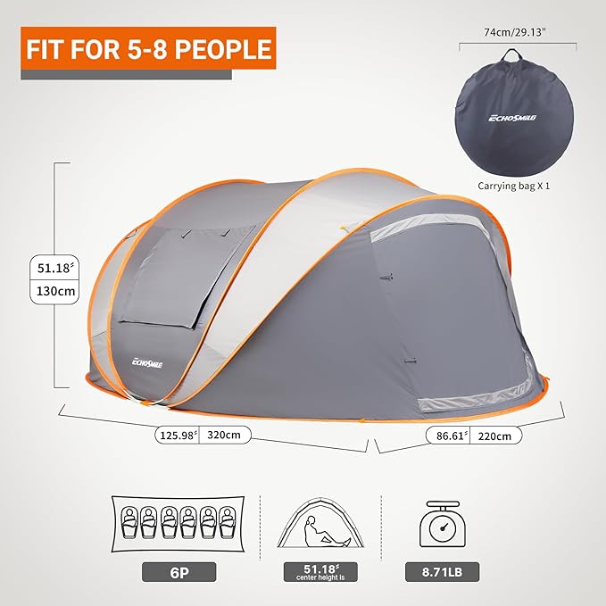 EchoSmile Instant Pop Up Camping Tent, 2/4/6 Person, Easy Setup Tent, Water Resistant Dome, Portable with Carry Bag