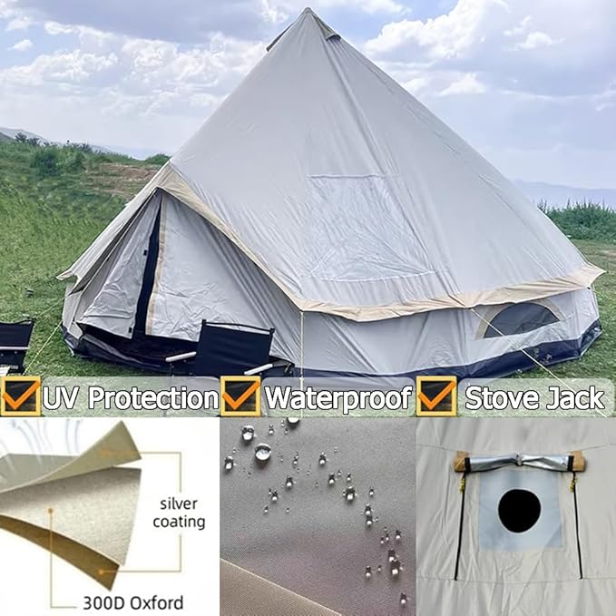 Bell Tent Set with Tent Tarp for 4 Season Camping, 300D Oxford Waterproof Yurt Tents with Porch and Top Stove Jack Living 4/6Person Family Tents