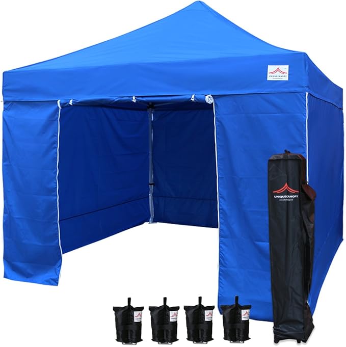 10'x10' Pop Up Canopy Tent Commercial Instant Shelter, with 4 Removable Zippered Side Walls and Heavy Duty Roller Bag, 4 Sand Bags Blue