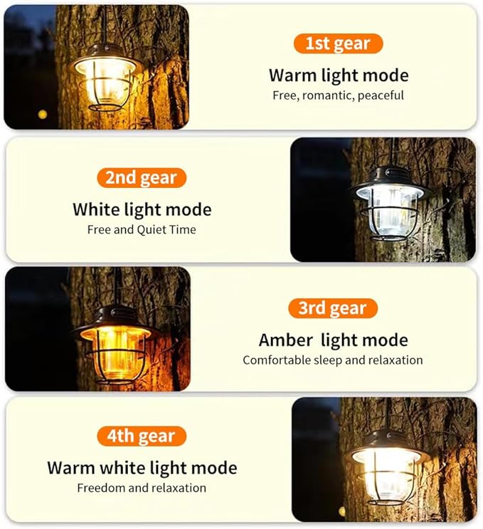 LED Rechargeable Outdoor Camping Light, Mini Portable Tent Emergency Light， New Horse Lamp 4-Speed Mode White and Warm Light, Amber and Warm White Light.