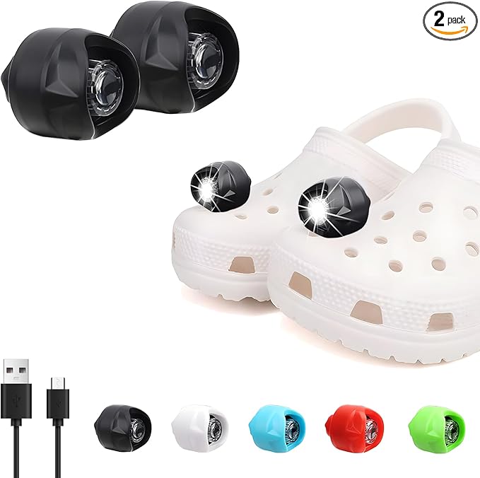 Vergissm Rechargeable Headlights Compatible with Croc, 2 PCs LED Lights, Waterproof Hands Free Flashlights for Kids Adults, Novelty Shoe Lights for Camping, Dog Walking (Black)