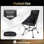 MOON LENCE Oversized High Back Camping Chair for Adults, Height Adjustable Folding Chair with 400 lbs Capacity, Hidden Pillow Pocket and Wide Seat for Camping, Base Camp, Fishing, Overlanding, Black