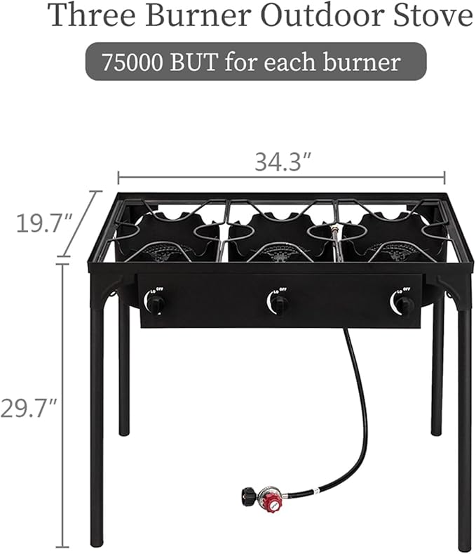 3 Burner Propane Gas Stove for Outdoor Cooking, Heavy Duty High Pressure Propane Gas Cooker Portable Iron Cast Patio Burner with Detachable Stand Legs, Regulator, Camping Cooker (225000-BTU)