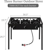 3 Burner Propane Gas Stove for Outdoor Cooking, Heavy Duty High Pressure Propane Gas Cooker Portable Iron Cast Patio Burner with Detachable Stand Legs, Regulator, Camping Cooker (225000-BTU)