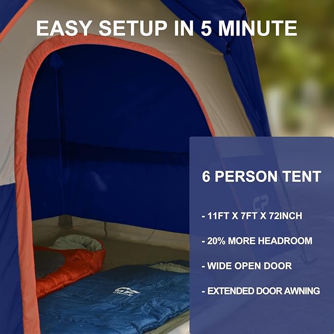 Tents for Camping 6 Person Tent Waterproof Windproof Double Layer Family Camping Tent, Easy Setup Dome Tent with Large Mesh Windows & Wider Door for Outdoor Camping & Hiking