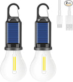 Solar Light Bulb for Outdoor, Portable Waterproof Tent Lights with Clip Hook, Rechargeable Outdoor Solar Light for Camping, Backpacking, Emergency, 2 Pack