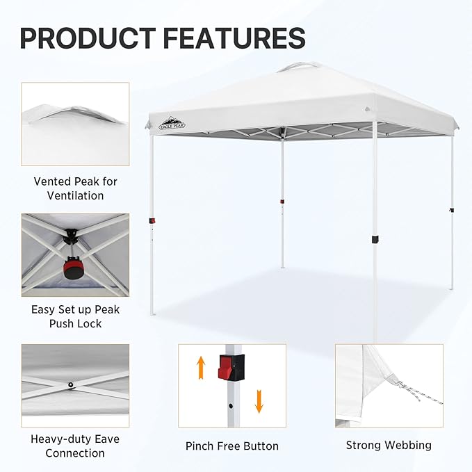 EAGLE PEAK Pop Up Canopy Tent with Wheeled Carry Bag, 8 Stakes, 4 Ropes, Easy Set Up Tent Canopy, 8x8 ft, White