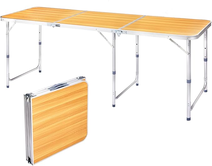 6.0 Ft Folding Portable Camping Table with Three Adjustable Heights, Tri-fold Outdoor Table, Outdoor Camping Kitchen, BBQ, Dining, Picnic, Cooking, Beach, Garden, Yellow