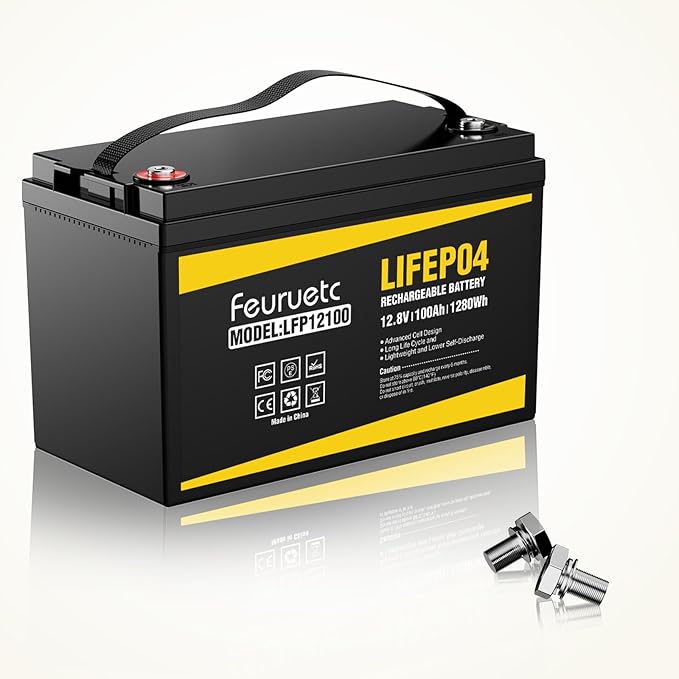12V 100Ah LiFePO4 Battery with 100A BMS, 15000+ Deep Cycles, Solar Energy Storage, Lithium Phosphate Batteries for Home Motor, Travel Trailer, Camping, Off-Grid Power (1PC)