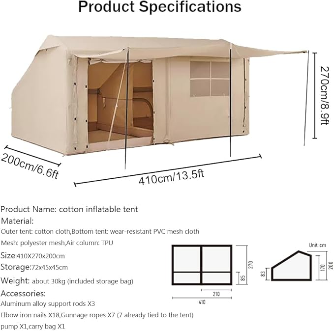 Large Luxury Inflatable Camping Tent Cotton Canvas Tent, Breathable and Waterproof Air Tent with Skylight and Stove Jack Hole for for 4-6-8-10 Person Family Camping
