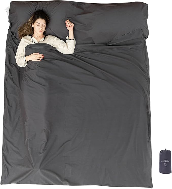 100% Cotton Sleeping Bag Liner with Full Length Zipper on 3 Sides; Single/Double Adult Sleep Sack for Travel & Camping, Multifunctional Travel Sheets (Unzipped 87”x87”) for Hotel, Lightweight