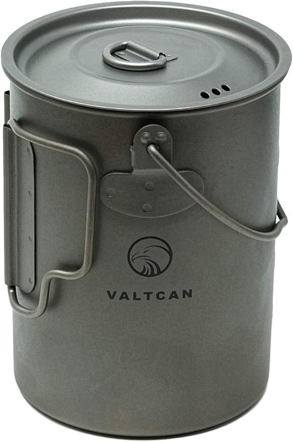 Valtcan 900ml Titanium Pot Boil Cook & Drink From One Pot, 134g Ultralight, Thicker Gauge Grade 1 Ti, Aligned Bail Handle, Nests 32oz Nalgene, Lid with Steam Holes, Campfire & Stove, Mesh Bag