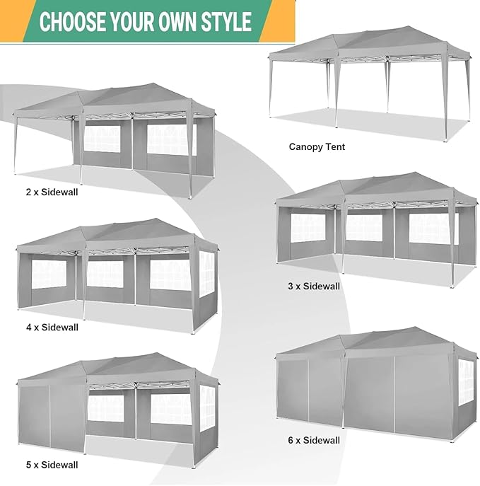 COBIZI 10x20 Pop Up Canopy Tent with 6 Sidewalls Party Tents Waterproof UPF 50+ Commercial Instant Outdoor Events Tent for Parties Markets Backyard, Ropes（10 x 20 ft Gray