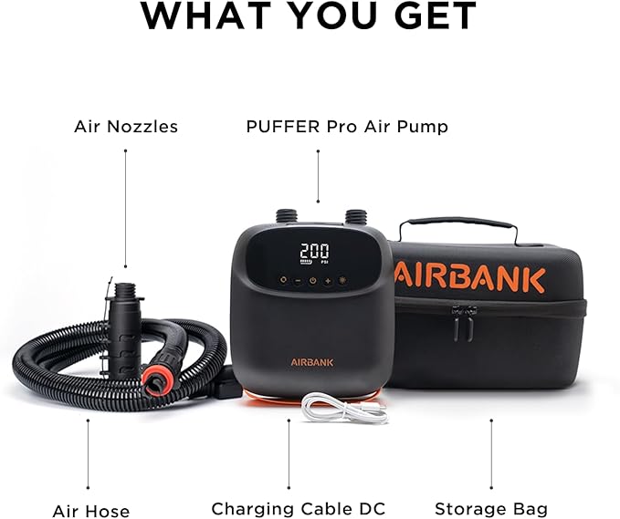 AIRBANK Paddle Board Pump Electric 20PSI The Puffer Pro, Portable SUP Pump, Dual-Stage Inflation & Auto-Off Air Pump for Stand up Paddle Boards, Kayak, Inflatables, Boats, Tent, Kite Wings