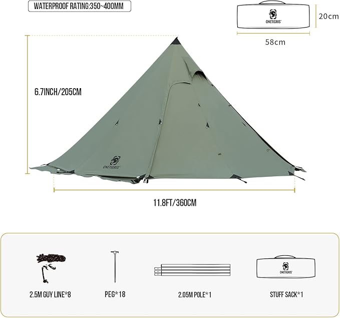 OneTigris Northgaze Canvas Hot Tent with Stove Jack, Windproof, Fire Retardant, Durable 4 Season Camping Pyramid Teepee Tent for 2~4 Person