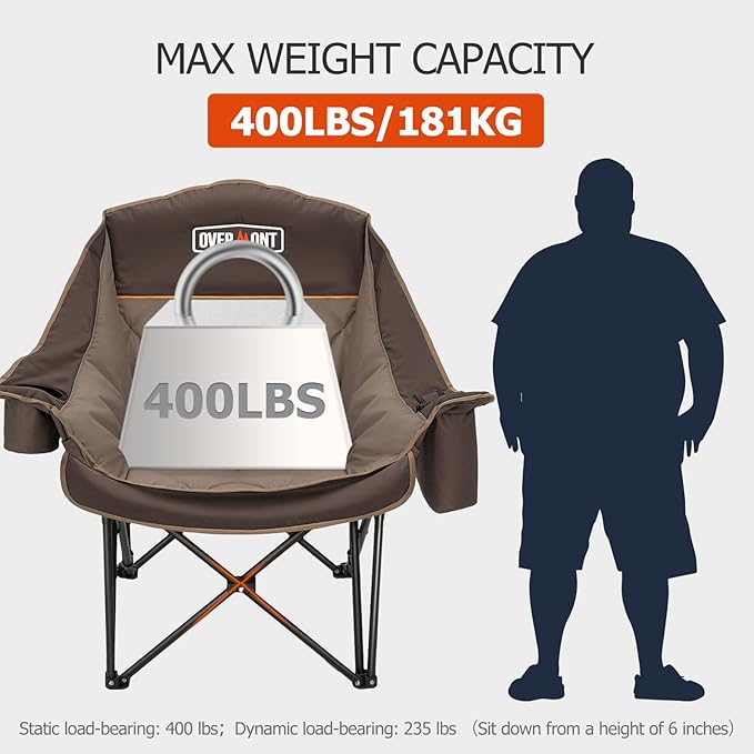 Overmont Oversized XL Camping Chair for Adults - 400lbs Support Heavy-Duty Padded Folding Chair with Side Pocket Cup Holder Cooling Bag for Outdoor Sports Garden Beach Fishing Lawn - Khaki