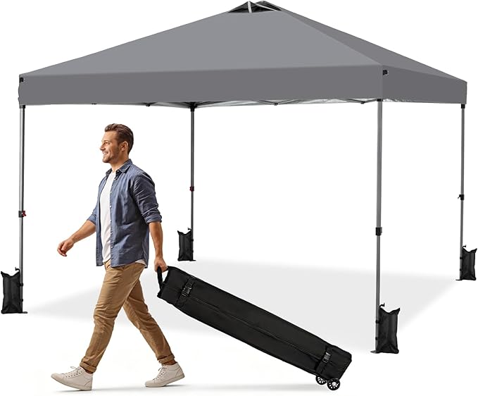 OLIXIS 10x10ft 1-Person Pop Up Canopy Tent, Heavy Duty One Push Setup Portable Outdoor Shelter for Beach Events Camping with Rolling Carry Bag, Dark Grey