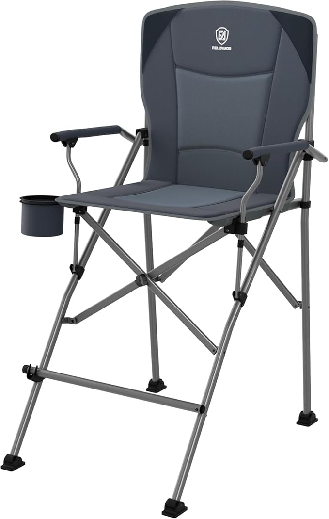 EVER ADVANCED Tall Camping Folding Chair 31", Portable Directors Chair, Bar Height Camping Chair with Carry Bag and Footrest, Armrest, Heavy Duty Supports 300 Lbs Grey