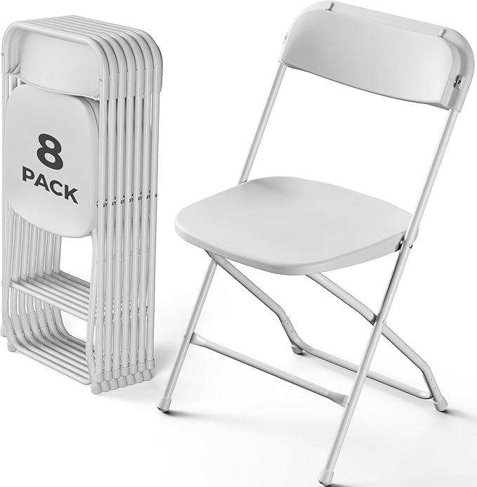 Folding Chairs 8 Pack, Plastic Folding Chairs for Outside, Heavy Duty Foldable Chairs, Sturdy Metal Folding Chairs, 350 lbs Capacity, for Patio, Garden, Camping, White