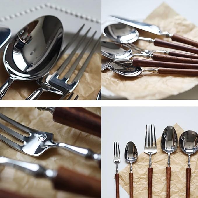 36 Piece Silverware Set Service for 6,Imitation Wooden Handle Steel Flatware Set Vintage Embossed Cutlery Utensil Set Home Kitchen Eating Tableware Set Include Fork Knife Spoon Set Dishwasher Safe