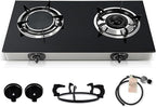 2 Burner Propane Gas Stove, 20472 BTU/h Portable Tempered Glass Camping Stove with Infrared and Blue Flame, Auto-Ignition, Portable BBQ Propane for Cooking, Outdoor, Camping, RV & Emergency Use