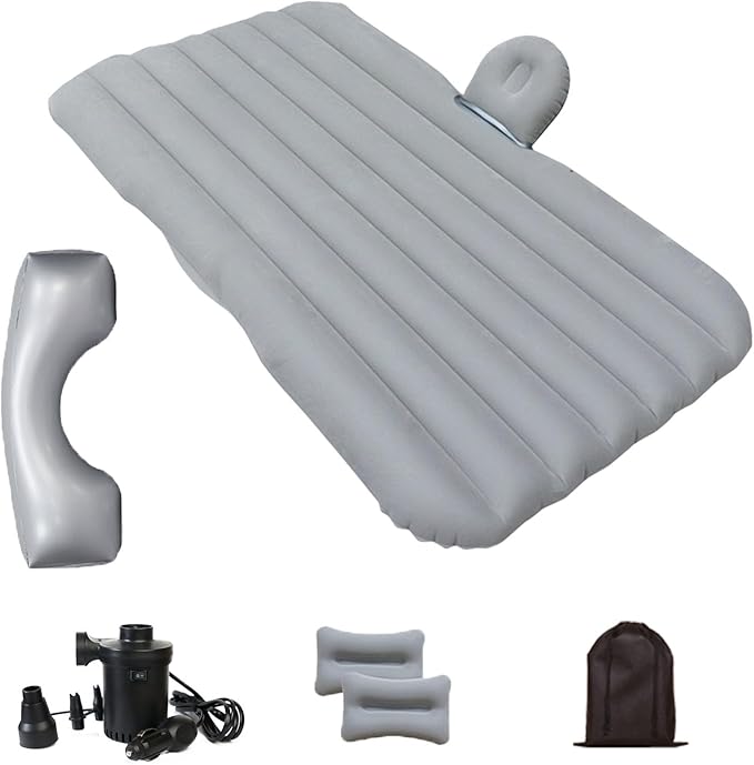 Car Air Mattress, Inflatable SUV Truck Camping Mattress for Back Seat, Thickened Travel Car Bed Sleeping Pad with Inflatable Pier Air Pump 2 Pillows (Grey)