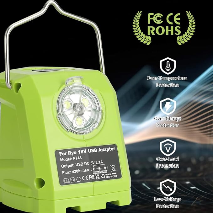 Battery Adapter for Ryobi 18volt One+ P107 P108 Li-ion Battery,Portable Power Source Converter with Dual USB Phone Charge Port,420LM Flashlight LED Work Light with Hook,Outdoor Lantern Camping Lamp