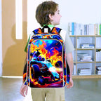3Pcs Cars Backpack for Boy, 17" Bookbag for Elementary Preschool Kindergarten, Kids Fire School Backpacks with Lunch Box (Red)