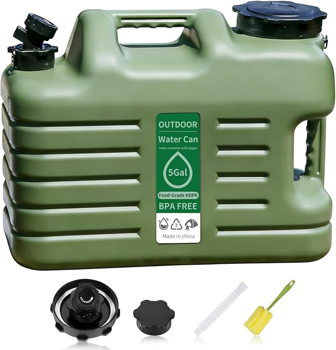 5 Gallon BPA-Free Water Jug with Spigot, Food Grade HDPE Outdoor Water Container, Portable Leak-Proof Water Can with Handle for Camping, RV, Hiking, Emergency Preparedness, Military Green