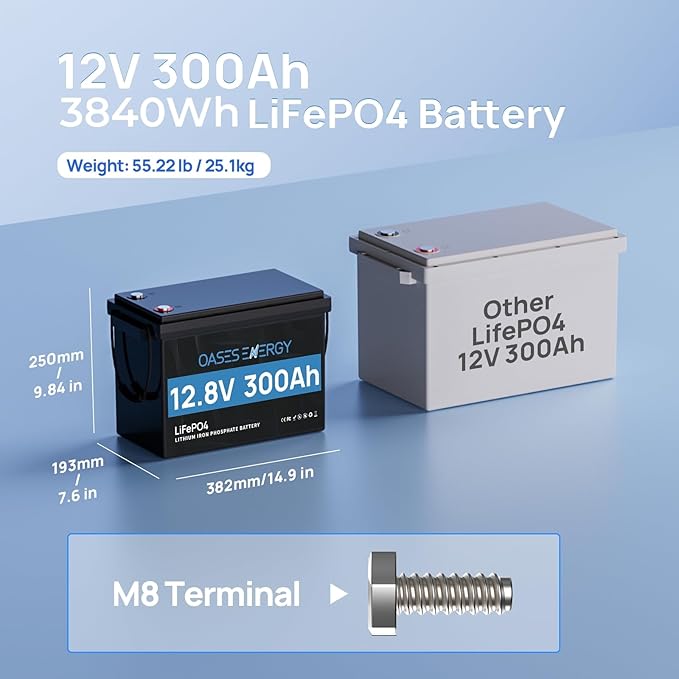 12V 300Ah LiFePO4 Battery, Mini Size, Built-in 200A BMS, Deep Cycle, Low Temperature Cut-Off, Lithium Trolling Motor Battery, Designed for RV, Camping, Marine and Solar