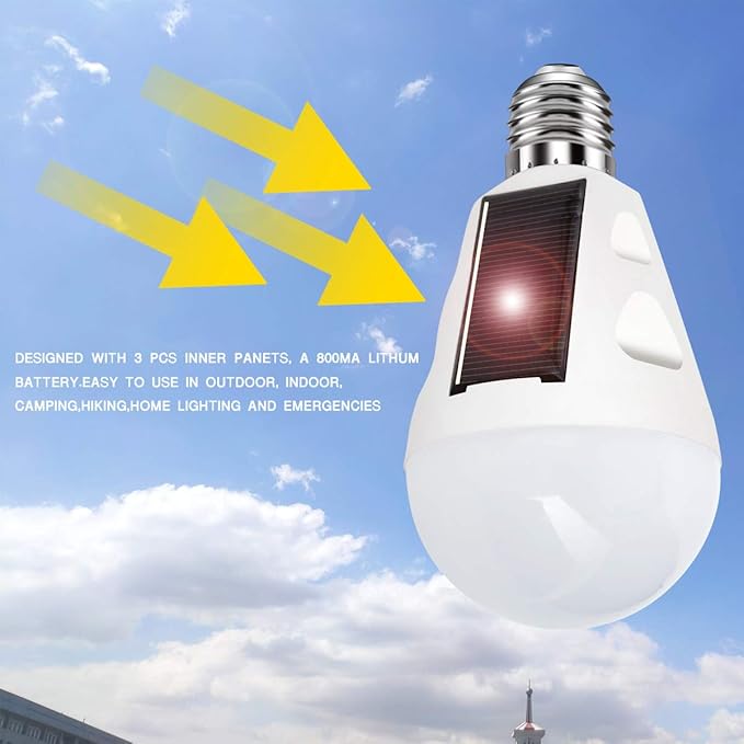 4 Pack LED Solar Emergency Light Bulbs for Home Power Failure, E26/E27 7W Rechargeable Battery Backup Bulb, Hurricane Supplies for Home, White Daylight 6000k Outdoor Hiking Camping Light