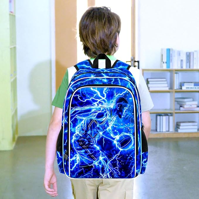 17" Basketball Backpack for Boy, 3Pcs Lightning Bookbag for Elementary Preschool Kindergarten, Kids School Backpacks with Lunch Box (Blue)