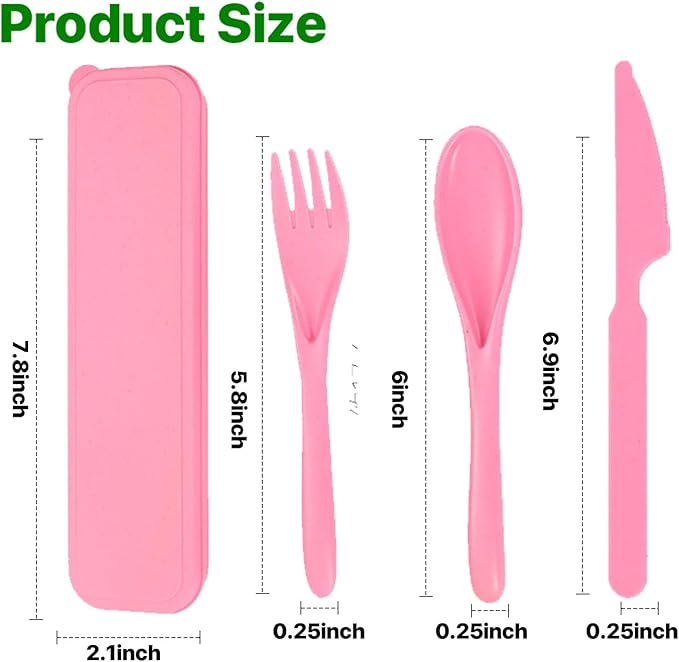 Pink Utensil set Travel Silverware with Case, 2 Sets Reusable Utensils Set with Case, Wheat Straw Utensils for Lunch Box Accessories, Camping Utensils for Work Lunch or Daily Use (Pink)