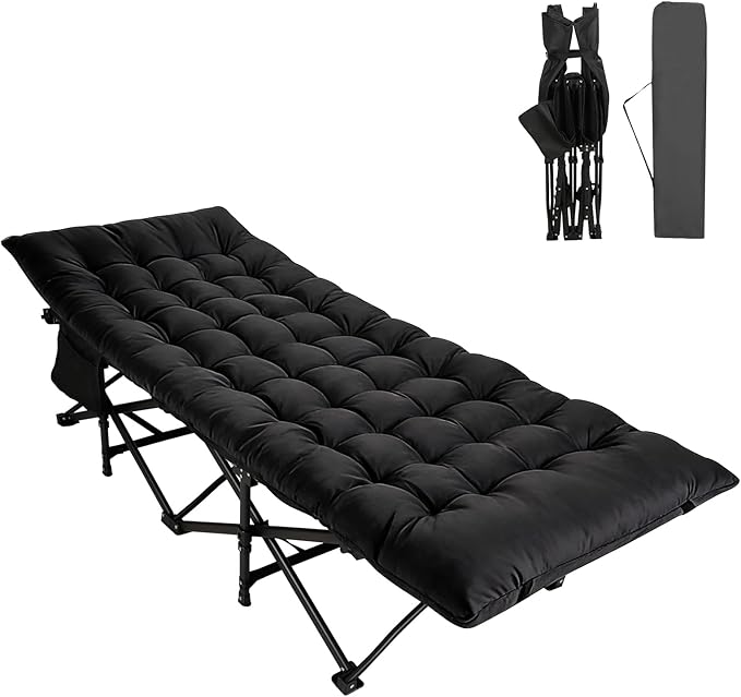 Northroad Camping Cot with Thick Mattress,Quick Set-Up Sleeping Cots with Side Pocket for Outdoor Camping, Office Nap, Home Garden, Beach, Travel, Black