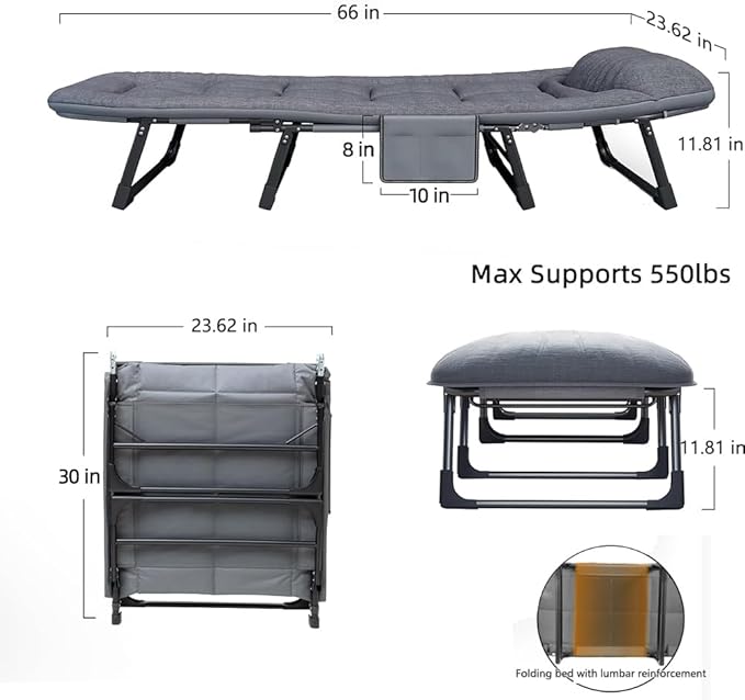 Camping Cot Portable Folding Bed for Adults 6 Position Adjustable Cot Recliner Chair with Pillow Heavy Duty Steel Frame Camping Office Nap Indoor Outdoor Use (Small(66in))