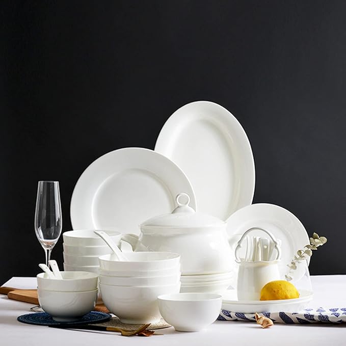 Milky White Porcelain Tableware Set Home Simplicity Combination Tableware Set of Bowls Dessert Plates Soup Plates Dinner Plates 69 Piece Set