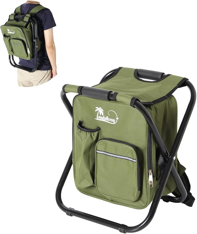 LEADALLWAY Fishing Chair with Cooler Bag Compact Fishing Stool Foldable Camping Chair
